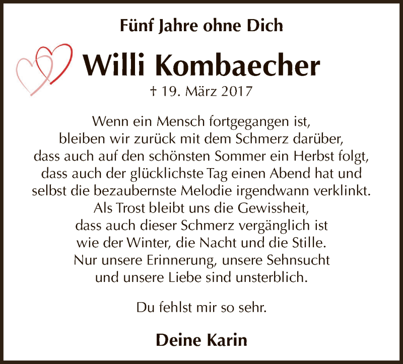  Traueranzeige für Willi Kombaecher vom 19.03.2022 aus MZV