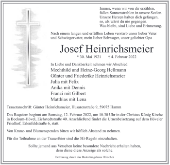 Traueranzeige von Josef Heinrichsmeier von WA