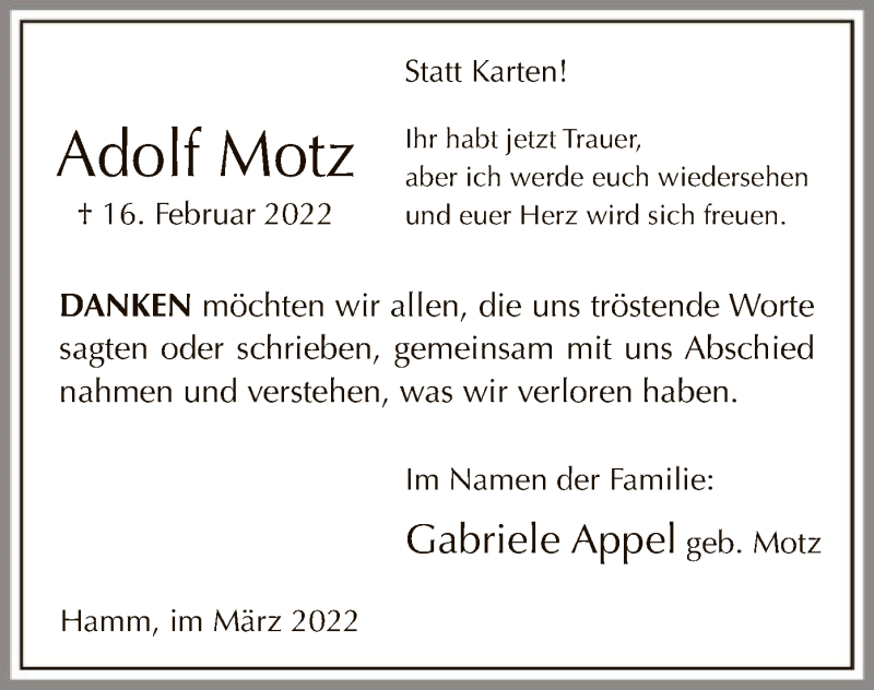  Traueranzeige für Adolf Motz vom 19.03.2022 aus WA