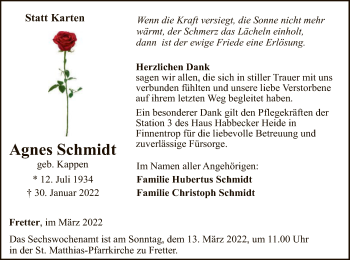 Traueranzeige von Agnes Schmidt von WA