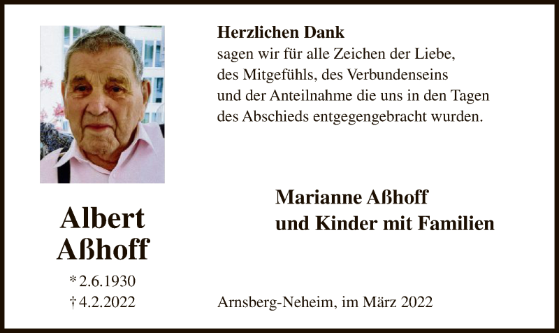  Traueranzeige für Albert Aßhoff vom 05.03.2022 aus WA