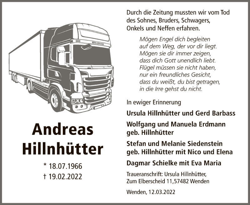  Traueranzeige für Andreas Hillnhütter vom 19.03.2022 aus WA