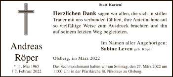 Traueranzeige von Andreas Röper von WA