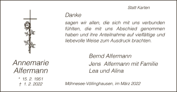 Traueranzeige von Annemarie Alfermann von WA