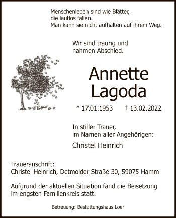 Traueranzeige von Annette Lagoda von WA