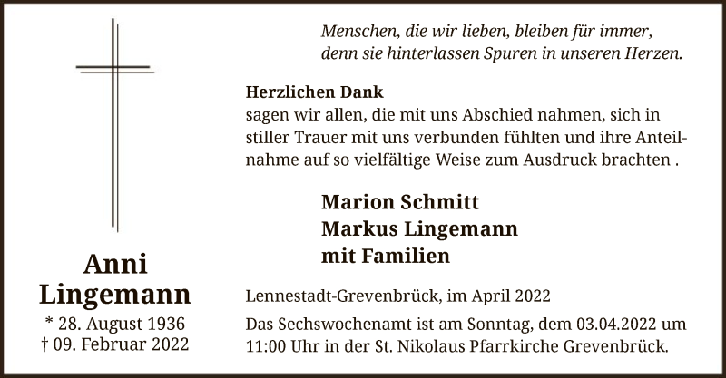  Traueranzeige für Anni Lingemann vom 26.03.2022 aus WA