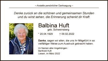 Traueranzeige von Balbina Huft von WA