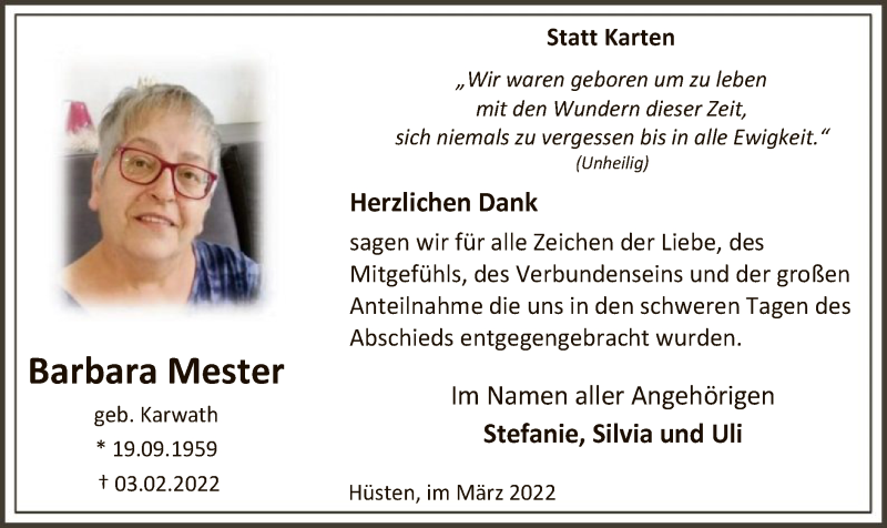  Traueranzeige für Barbara Mester vom 26.03.2022 aus WA