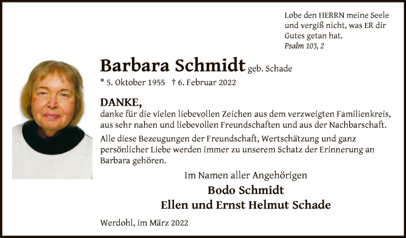  Traueranzeige für Barbara Schmidt vom 25.03.2022 aus WA