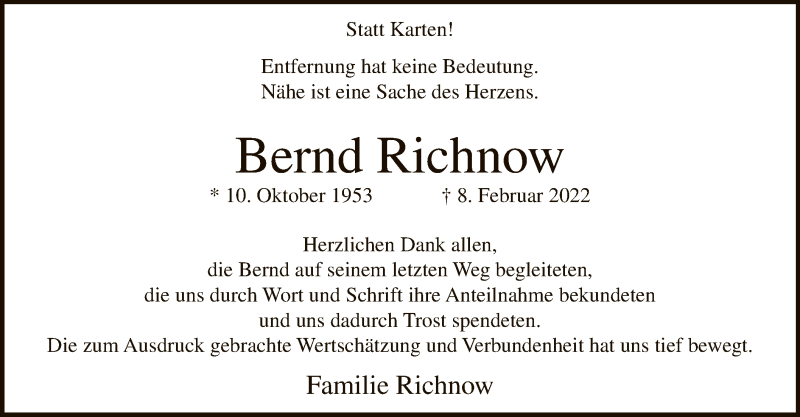  Traueranzeige für Bernd Richnow vom 19.03.2022 aus WA