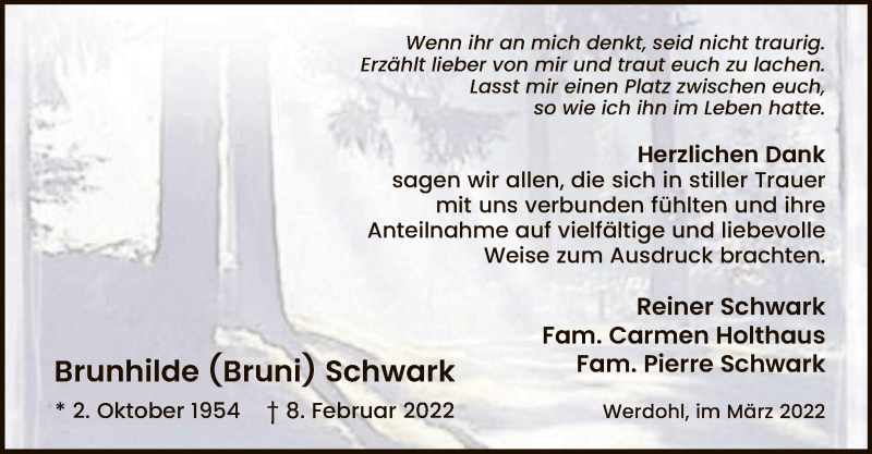  Traueranzeige für Brunhilde Schwark vom 30.03.2022 aus WA