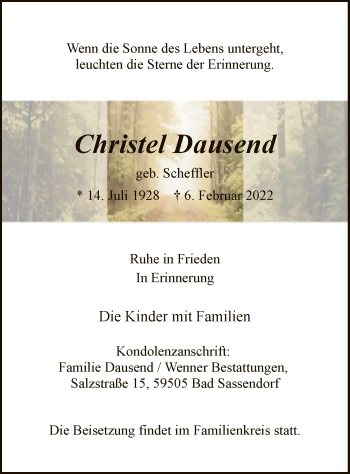 Traueranzeige von Christel Dausend von WA