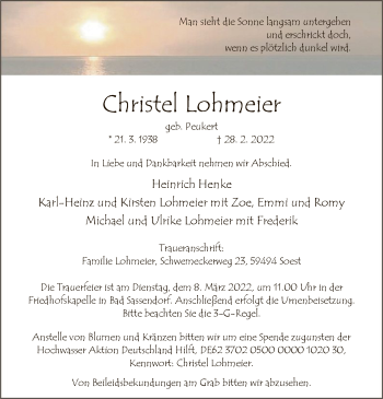 Traueranzeige von Christel Lohmeier von WA
