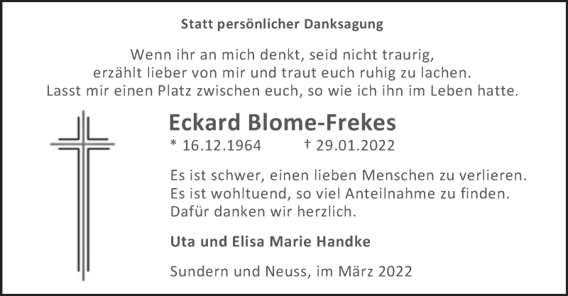  Traueranzeige für Eckard Blome-Frekes vom 12.03.2022 aus WA