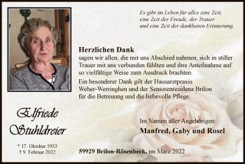 Traueranzeige von Elfriede Stuhldreier von WA