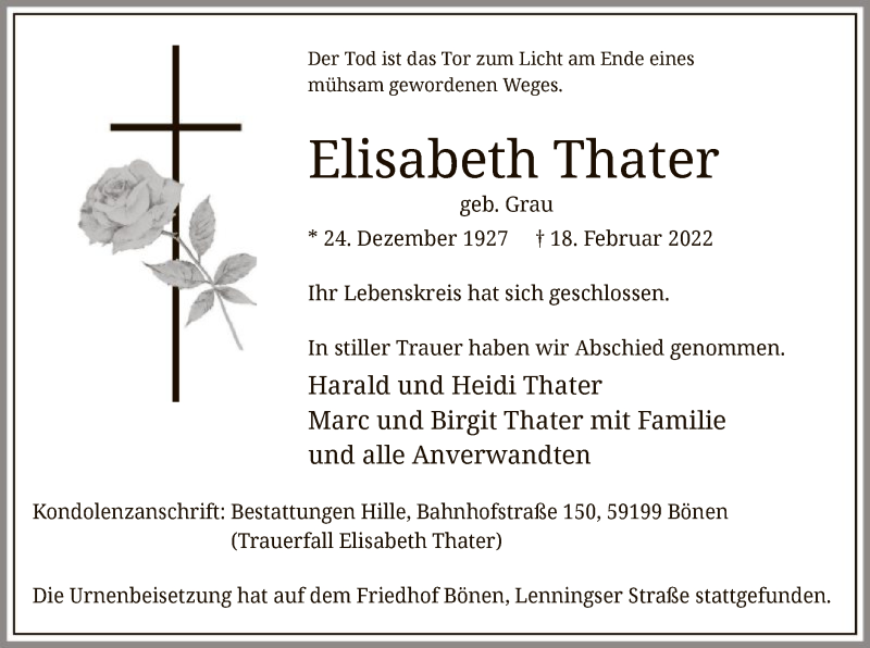  Traueranzeige für Elisabeth Thater vom 04.03.2022 aus WA