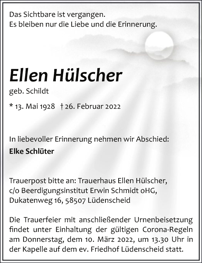  Traueranzeige für Ellen Hülscher vom 04.03.2022 aus WA