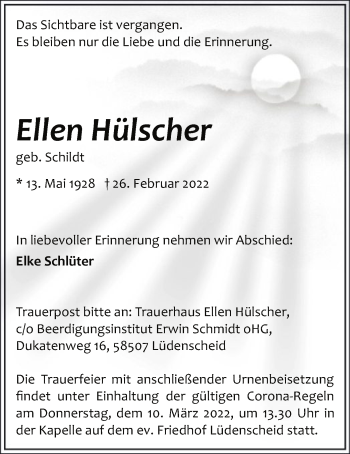 Traueranzeige von Ellen Hülscher von WA