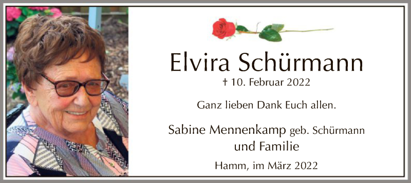  Traueranzeige für Elvira Schürmann vom 19.03.2022 aus WA