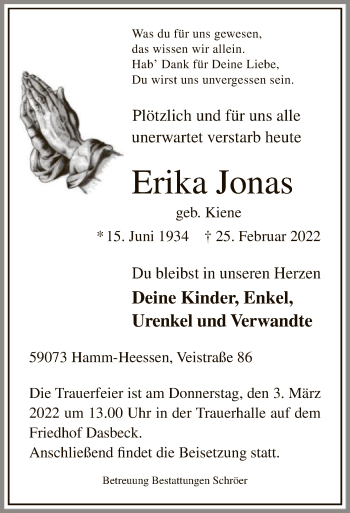 Traueranzeige von Erika Jonas von WA