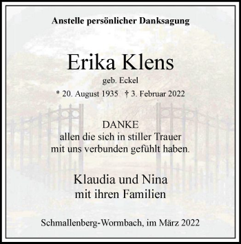 Traueranzeige von Erika Klens von WA