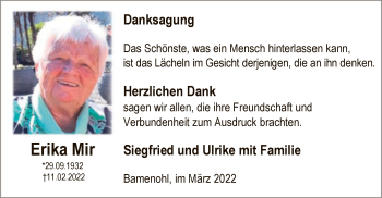 Traueranzeige von Erika Mir von WA