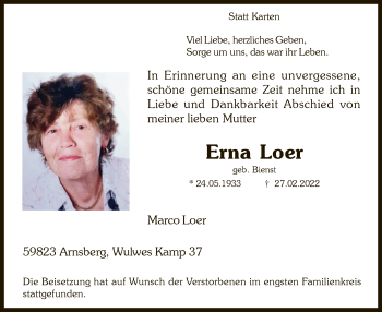 Traueranzeige von Erna Loer von WA