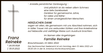 Traueranzeige von Franz Reineke von WA