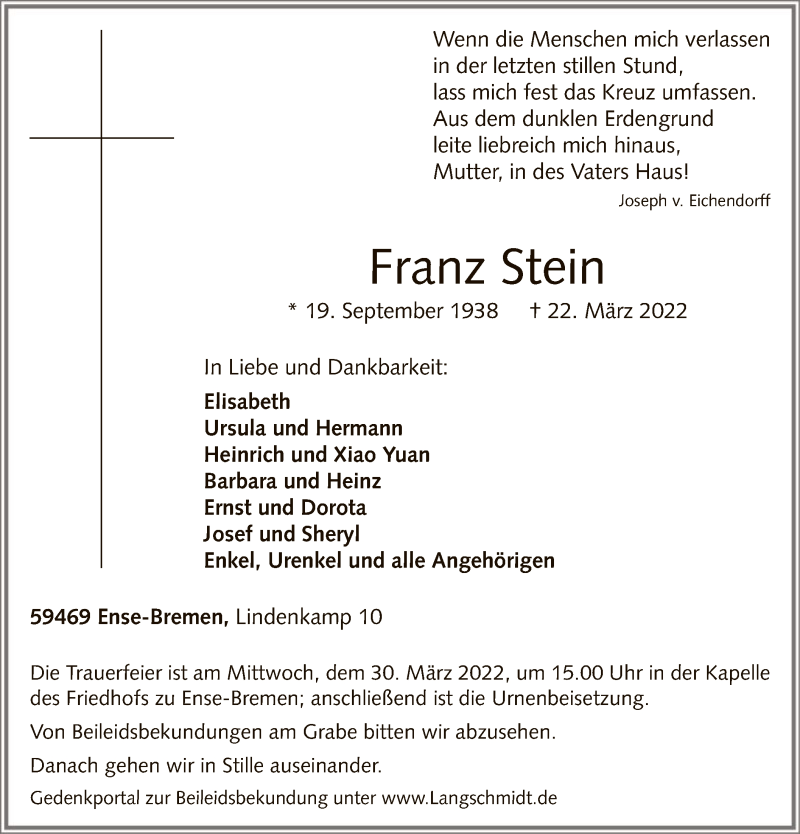  Traueranzeige für Franz Stein vom 26.03.2022 aus WA