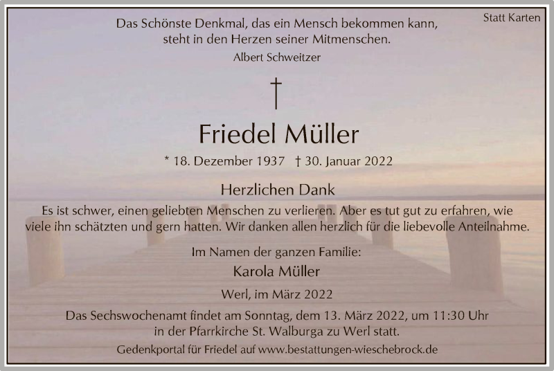  Traueranzeige für Friedel Müller vom 05.03.2022 aus WA