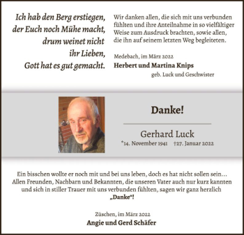 Traueranzeige von Gerhard Luck von WA