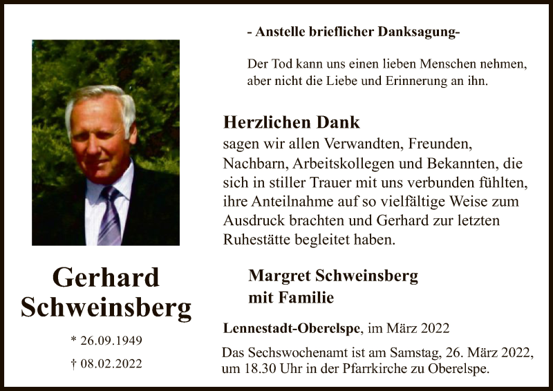  Traueranzeige für Gerhard Schweinsberg vom 19.03.2022 aus WA