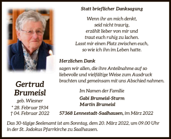 Traueranzeige von Gertrud Brumeisl von WA