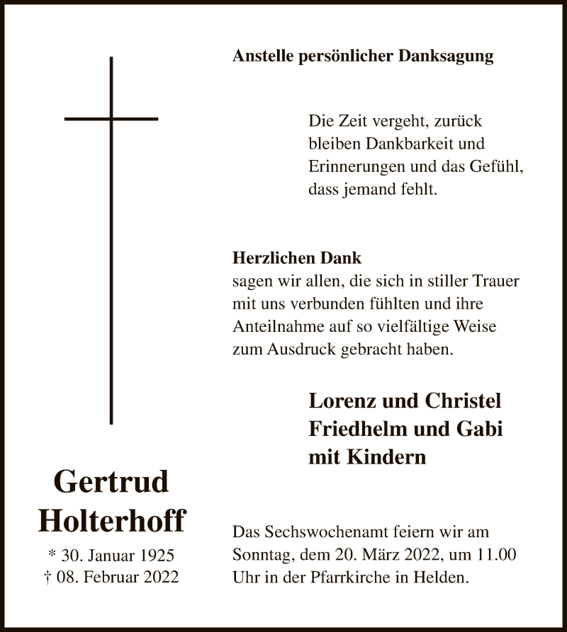  Traueranzeige für Gertrud Holterhoff vom 19.03.2022 aus WA