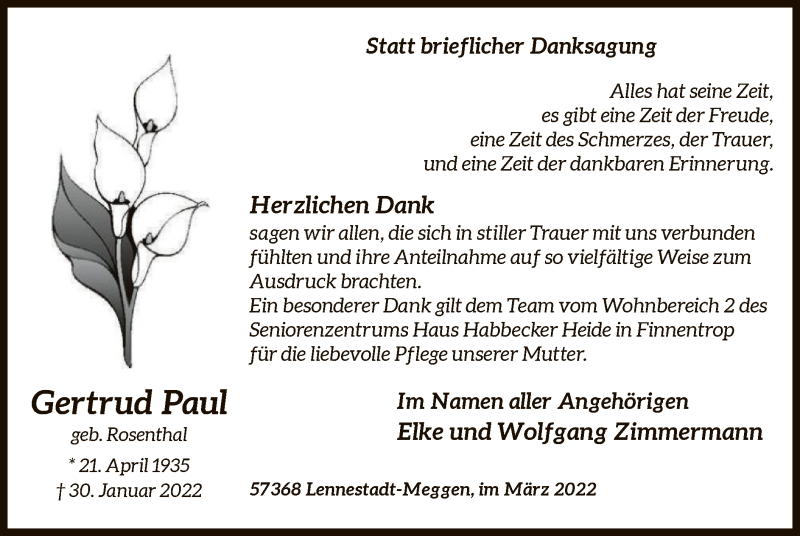  Traueranzeige für Gertrud Paul vom 12.03.2022 aus WA