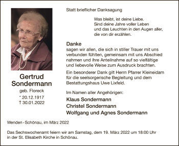 Traueranzeige von Gertrud Sondermann von WA