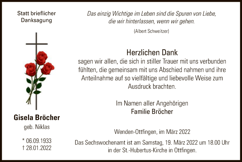  Traueranzeige für Gisela Bröcher vom 12.03.2022 aus WA