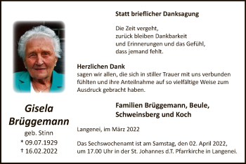 Traueranzeige von Gisela Brüggemann von WA
