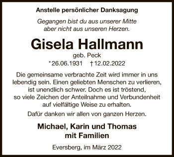 Traueranzeige von Gisela Hallmann von WA