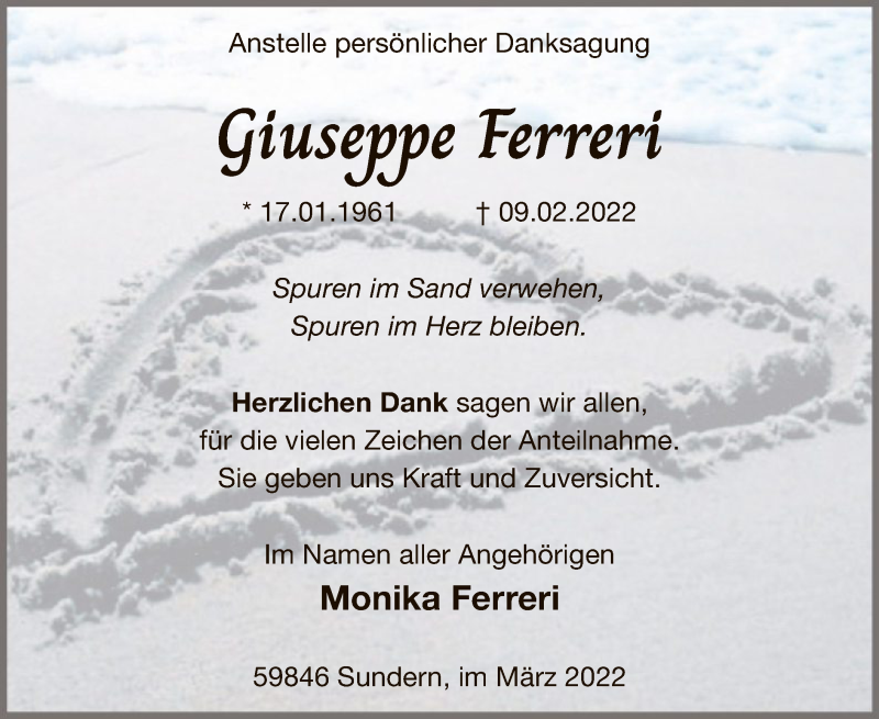  Traueranzeige für Giuseppe Ferreri vom 12.03.2022 aus WA