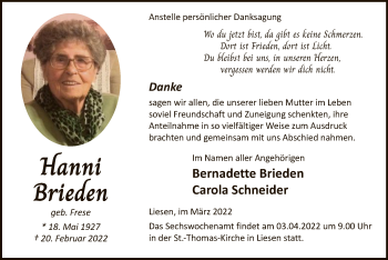 Traueranzeige von Hanni Brieden von WA