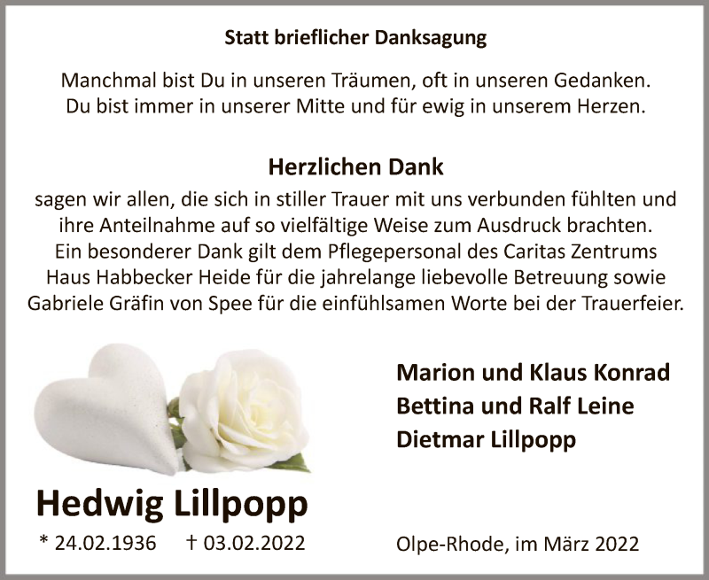  Traueranzeige für Hedwig Lillpopp vom 19.03.2022 aus WA