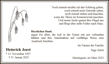 Traueranzeige von Heinrich Joest von WA