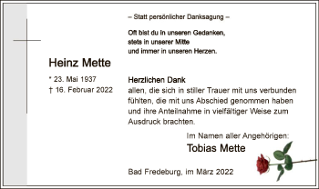 Traueranzeige von Heinz Mette von WA
