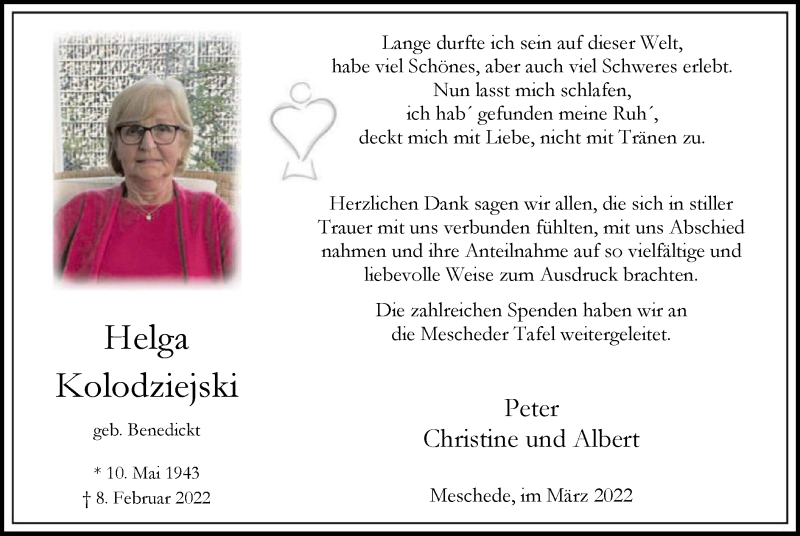  Traueranzeige für Helga Kolodziejski vom 12.03.2022 aus WA