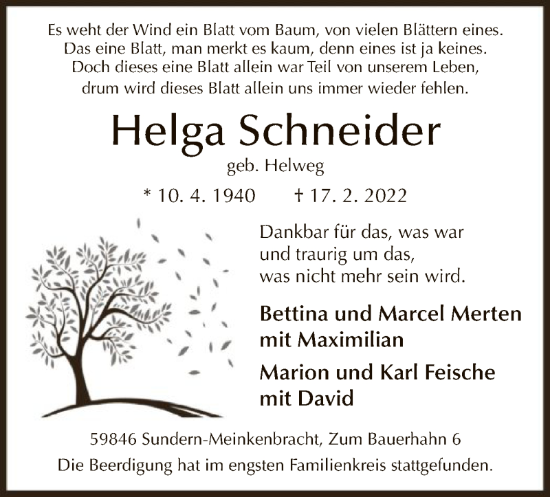  Traueranzeige für Helga Schneider vom 05.03.2022 aus WA