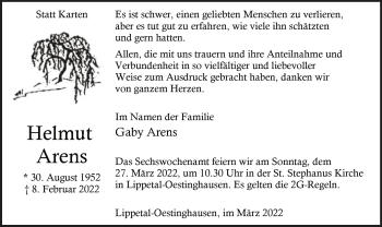 Traueranzeige von Helmut Arens von WA