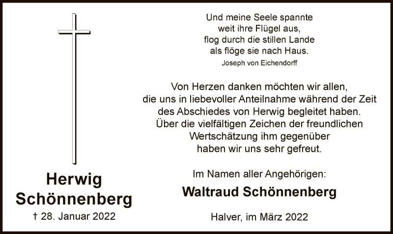 Traueranzeige für Herwig Schönnenberg vom 26.03.2022 aus WA