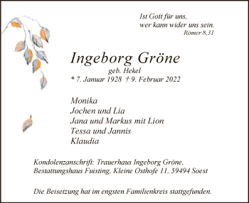 Traueranzeige von Ingeborg Gröne von WA