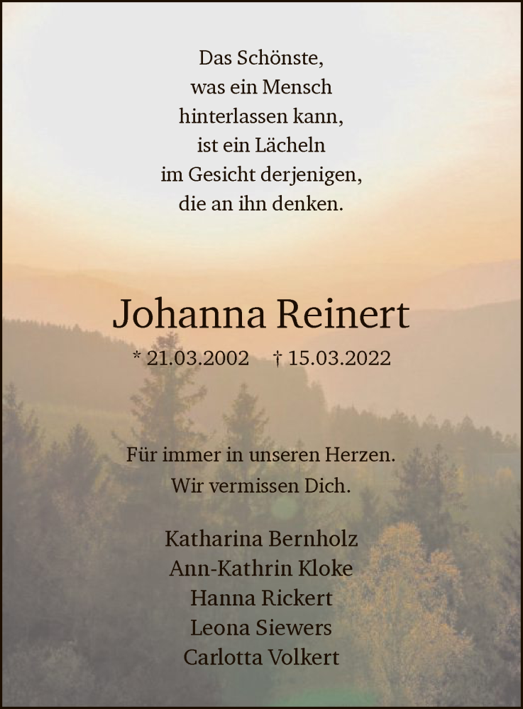  Traueranzeige für Johanna Reinert vom 19.03.2022 aus WA